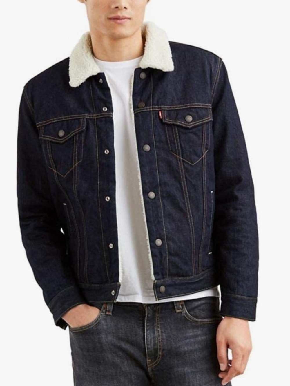 Levi's Dark Wash Sherpa-Trim Dark Indigo Denim Jacket - Men's